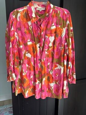 Jones New York Pink Orange Green Floral Button-Up Blouse